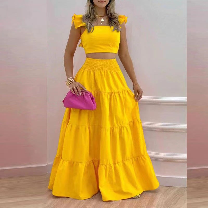 2024 Temperament Solid Color Mid-Waist Sling Large Pendulum Two-Piece Suit Dress - Image 2
